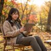 秋のキャンプ場で、チェアに座ってタブレットで映画を楽しみながらくつろいでいる