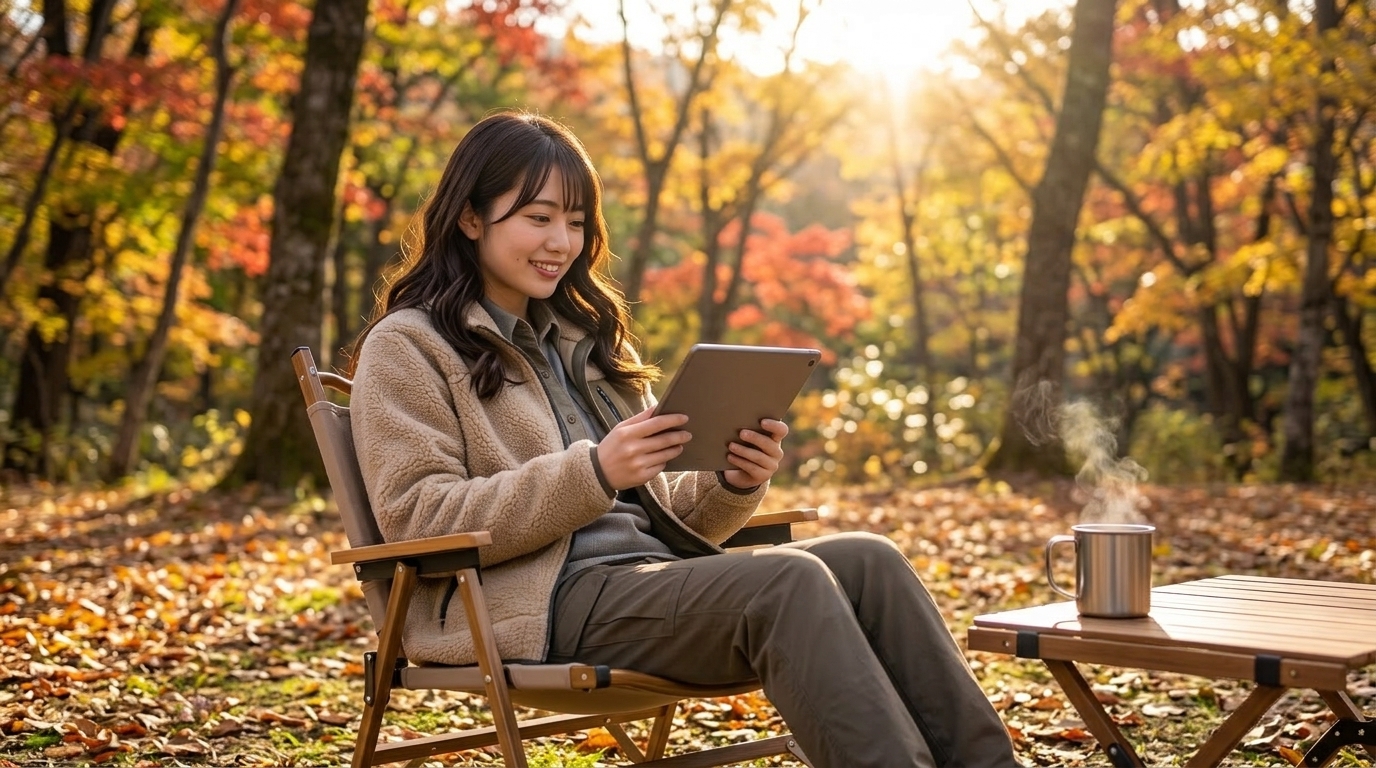 秋のキャンプ場で、チェアに座ってタブレットで映画を楽しみながらくつろいでいる