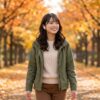 秋の芝生の公園で、イヤホンをつけて本の朗読を聴きながら、のんびり散歩している