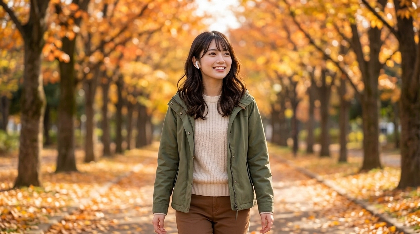 秋の芝生の公園で、イヤホンをつけて本の朗読を聴きながら、のんびり散歩している