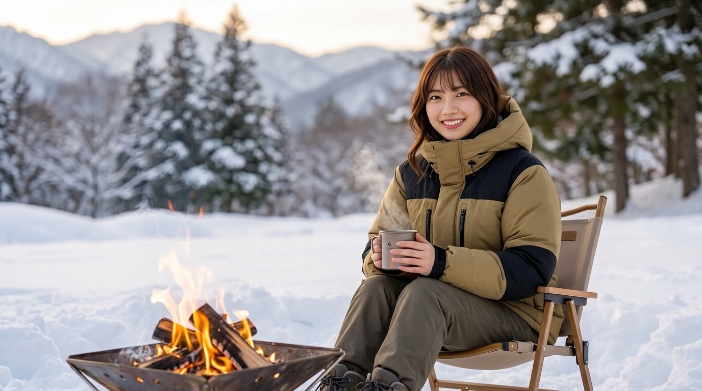 バルトロライトジャケットを着て、雪の積もった冬のキャンプ場で、温かい飲み物を手にくつろいでいる