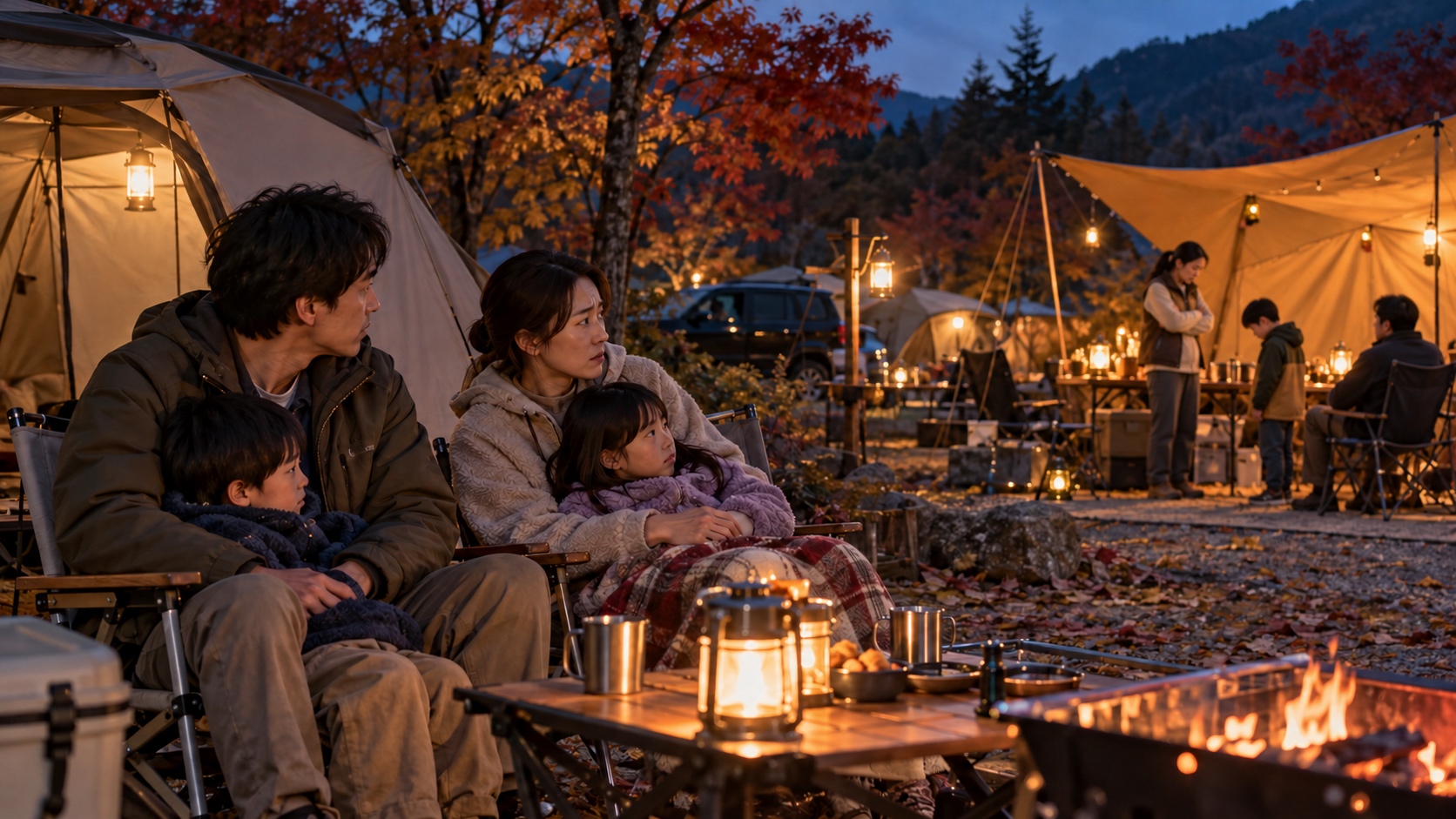秋のキャンプ場で、隣のサイトで子どもを叱る親の声に、手前の家族4人が困った表情で振り向いている