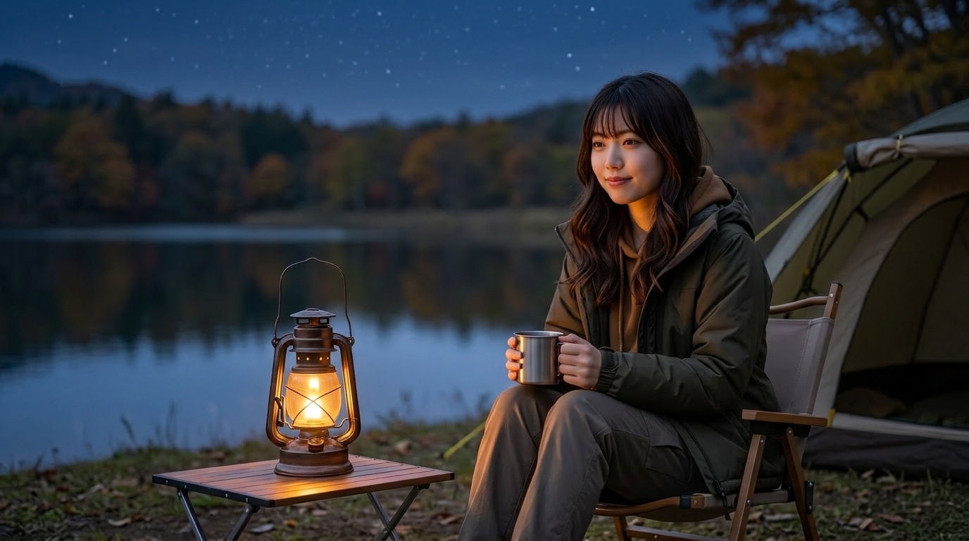 秋の夜の湖のほとりで、テントの前に座り、ランタンの明かりの下で静かにくつろいでいる