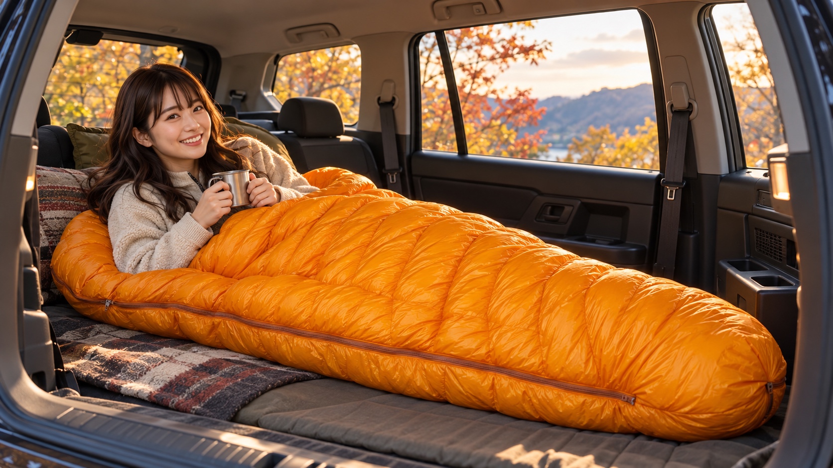 冬用寝袋を秋の車中泊の車内に広げて、暖かそうにくつろいでいる