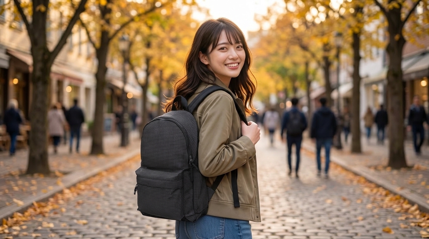 グレートスモーキーガーデンEX デイパックを背負って、秋の石畳や並木道のある街を楽しそうに歩いている