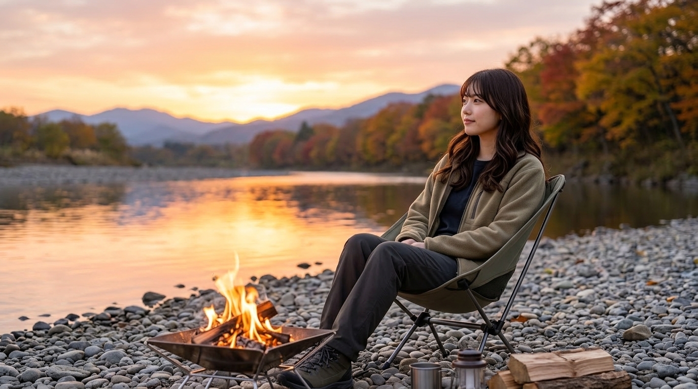 秋の河原で、焚き火のそばに座って夕日を眺めながら、ゆったりくつろいでいる