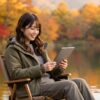 秋の湖のほとりで、アウトドアチェアに座ってタブレットで雑誌を読みながらくつろいでいる