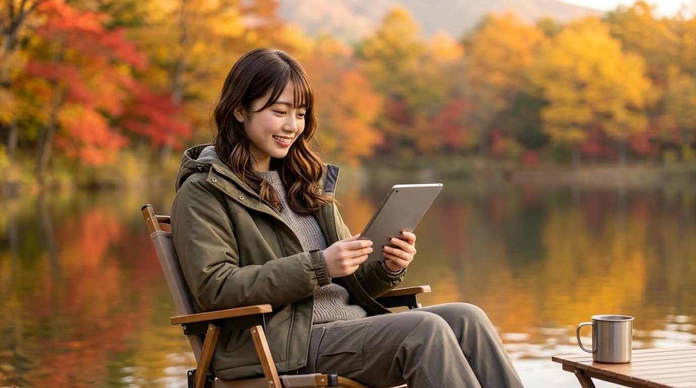 秋の湖のほとりで、アウトドアチェアに座ってタブレットで雑誌を読みながらくつろいでいる