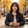 セオン インサレーション カーディガンを着て、秋のカフェのテラス席でくつろいでいる