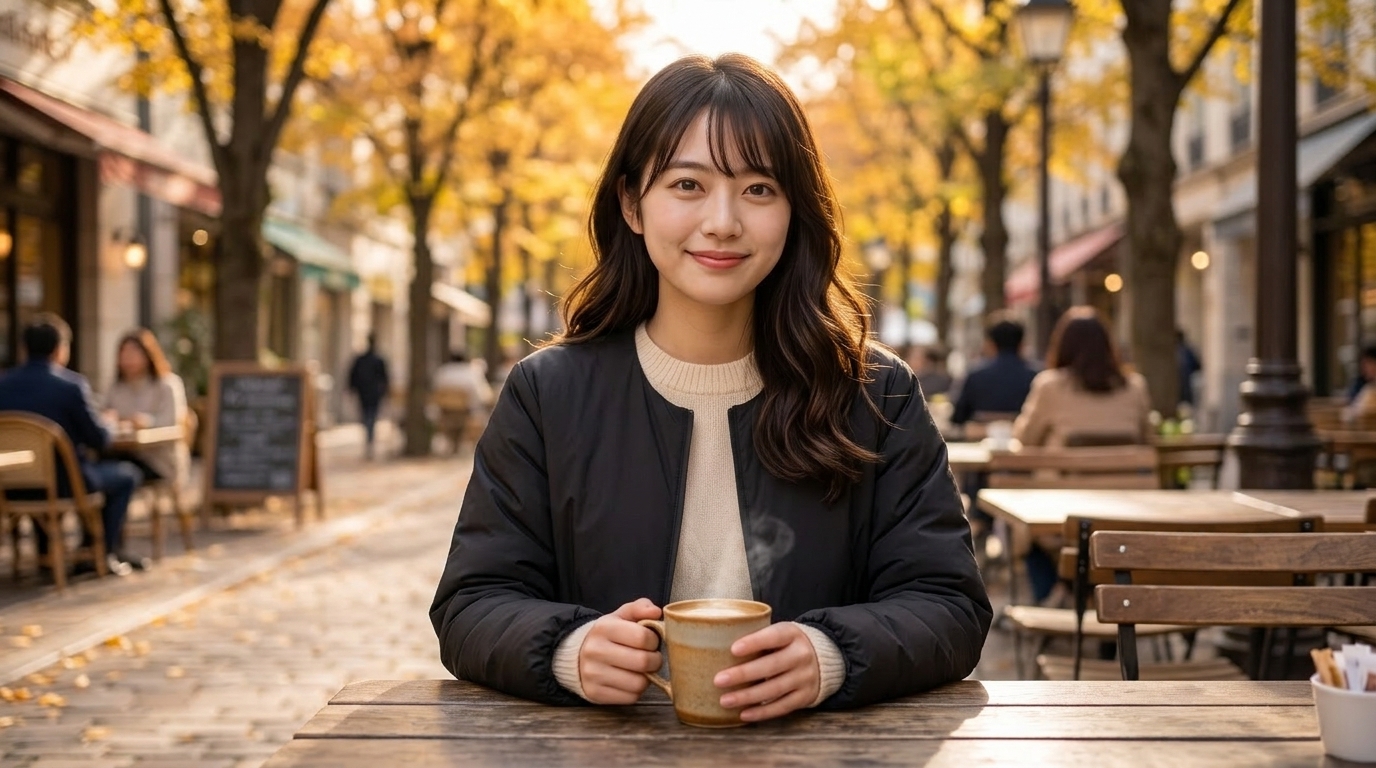 セオン インサレーション カーディガンを着て、秋のカフェのテラス席でくつろいでいる