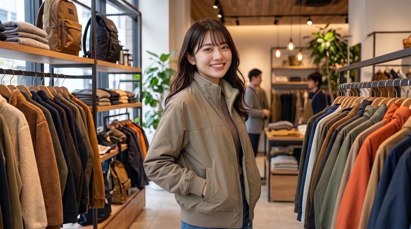 秋、おしゃれなアパレルショップの店内で、コンパクトノマドブルゾンを羽織ってうれしそうにしている