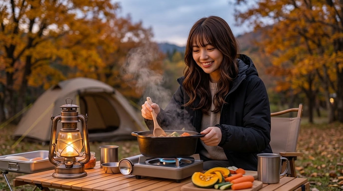 コンパクトノマドジャケットを着て、秋の夕方のキャンプ場で食事の準備をしている
