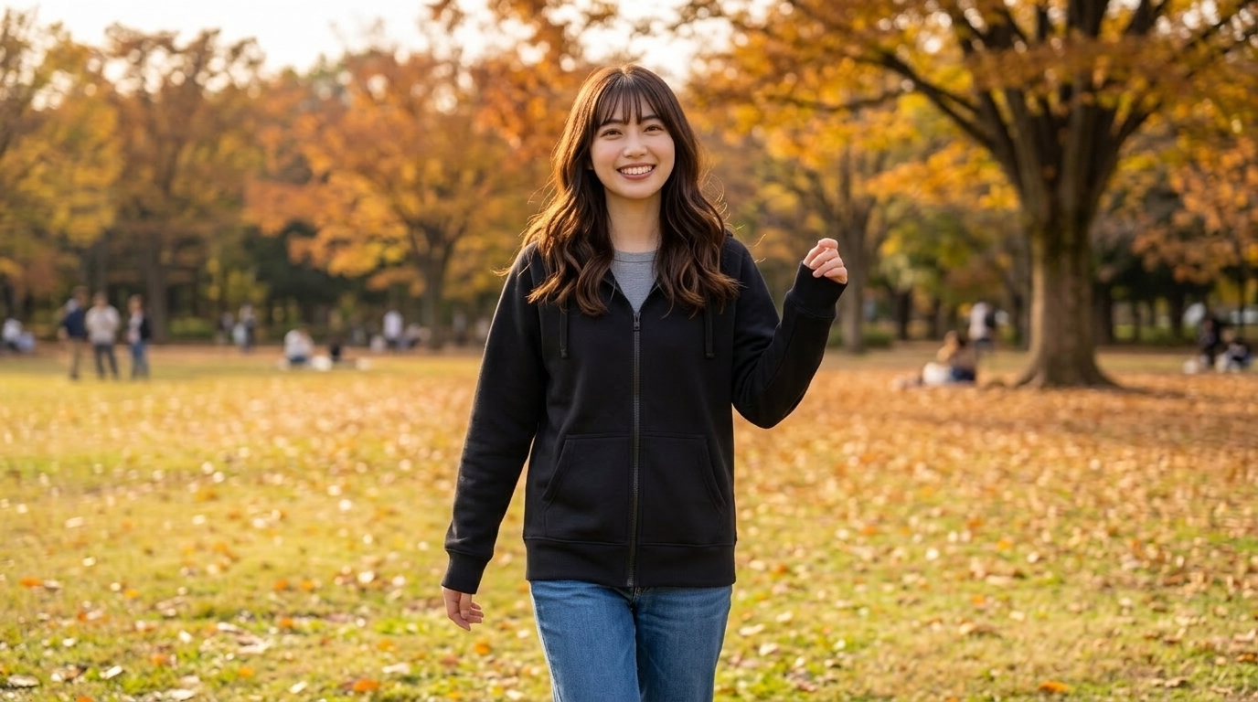 リアビューフルジップフーディを着て、秋の芝生の公園で楽しそうに散歩している