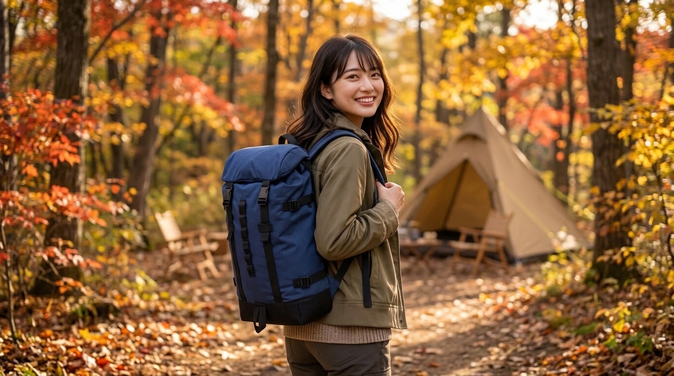 クレッターサックを背負って、秋のキャンプ場を楽しそうに歩いている