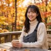 メノウウォーカーを肩にかけて、秋のカフェのテラス席で楽しそうにくつろいでいる