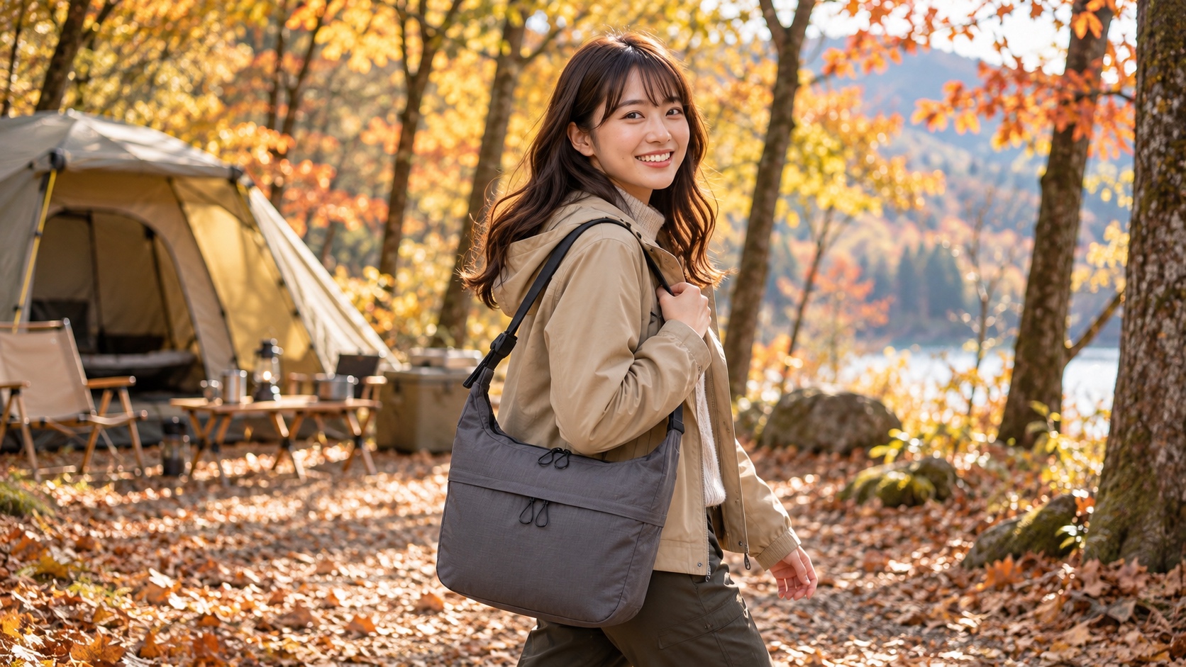 ノースフェイスのメノウウィーケンダーを肩に掛けて、秋のキャンプ場を楽しそうに歩いている