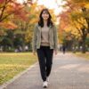 モーションジョガーパンツを履いて、秋の芝生の公園を軽やかに散歩している