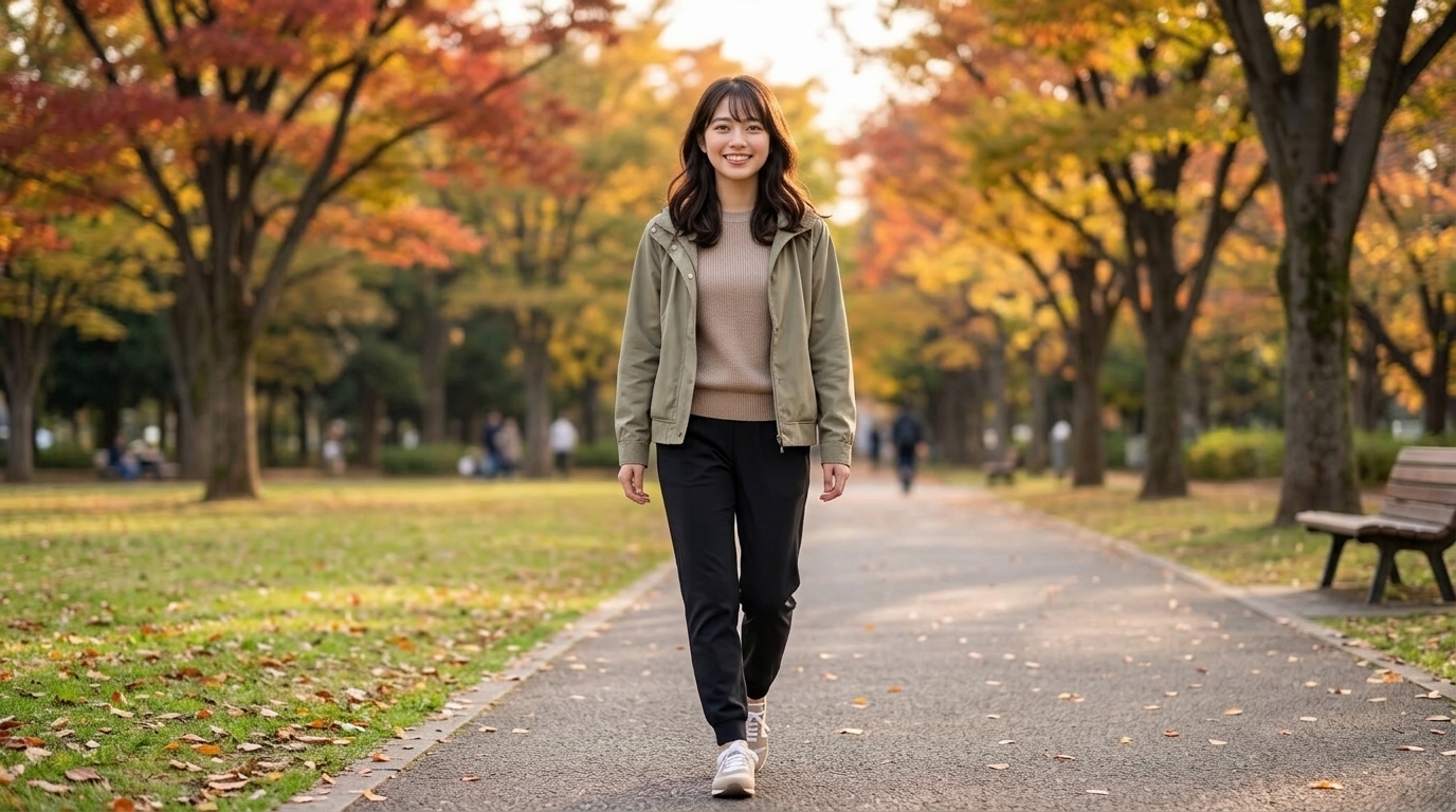 モーションジョガーパンツを履いて、秋の芝生の公園を軽やかに散歩している