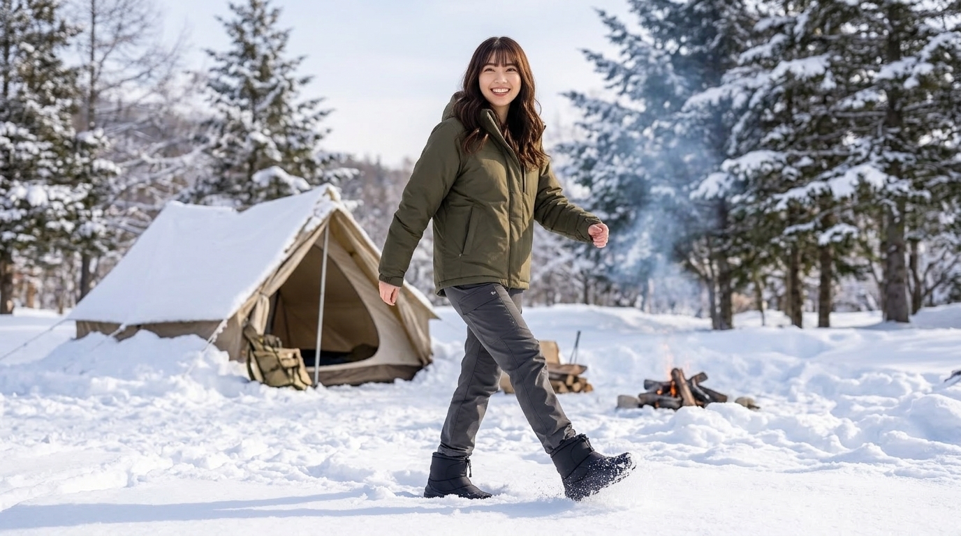 ヌプシ ブーティ ウォータープルーフ VII ショートを履いて、雪の積もった冬のキャンプ場を楽しそうに歩いている