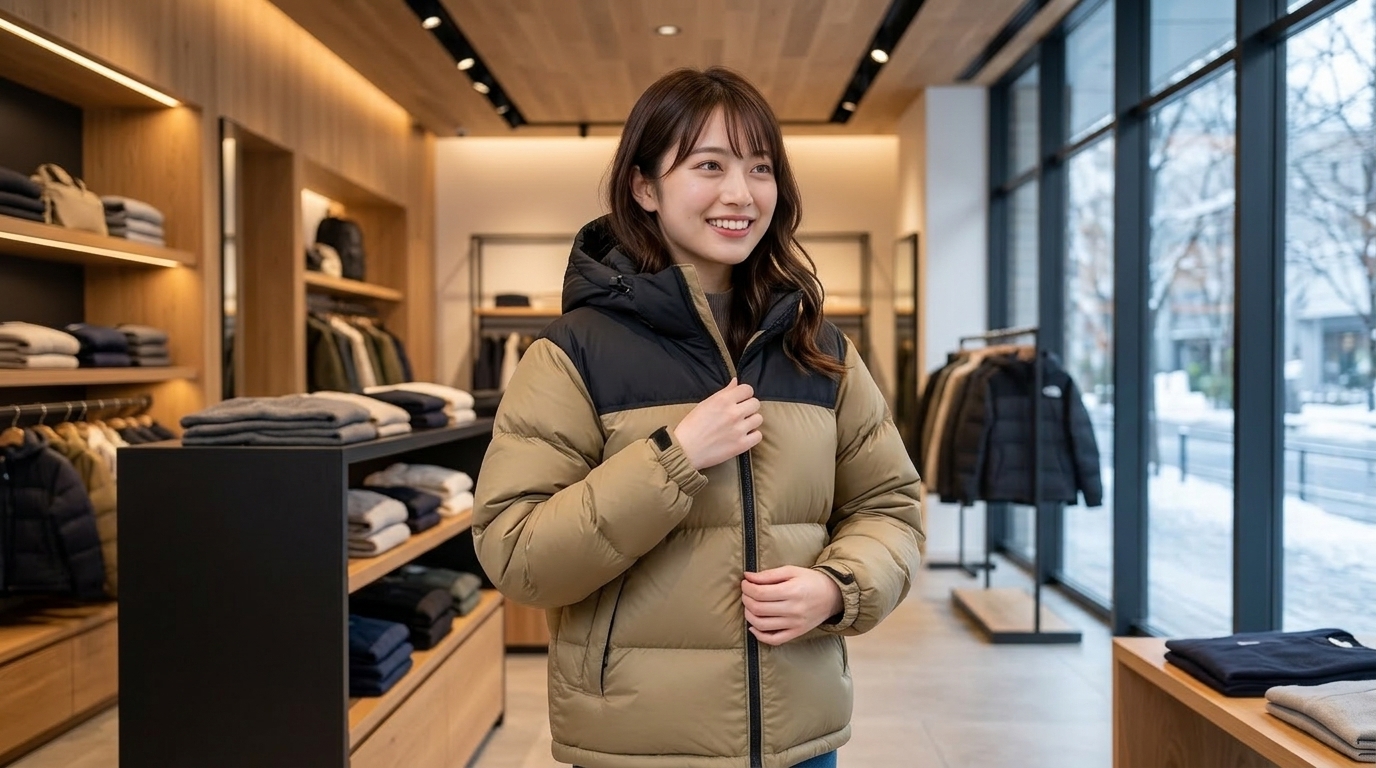 冬、高級感のあるアウトドアウェアの店内で、ヌプシフーディを試着している