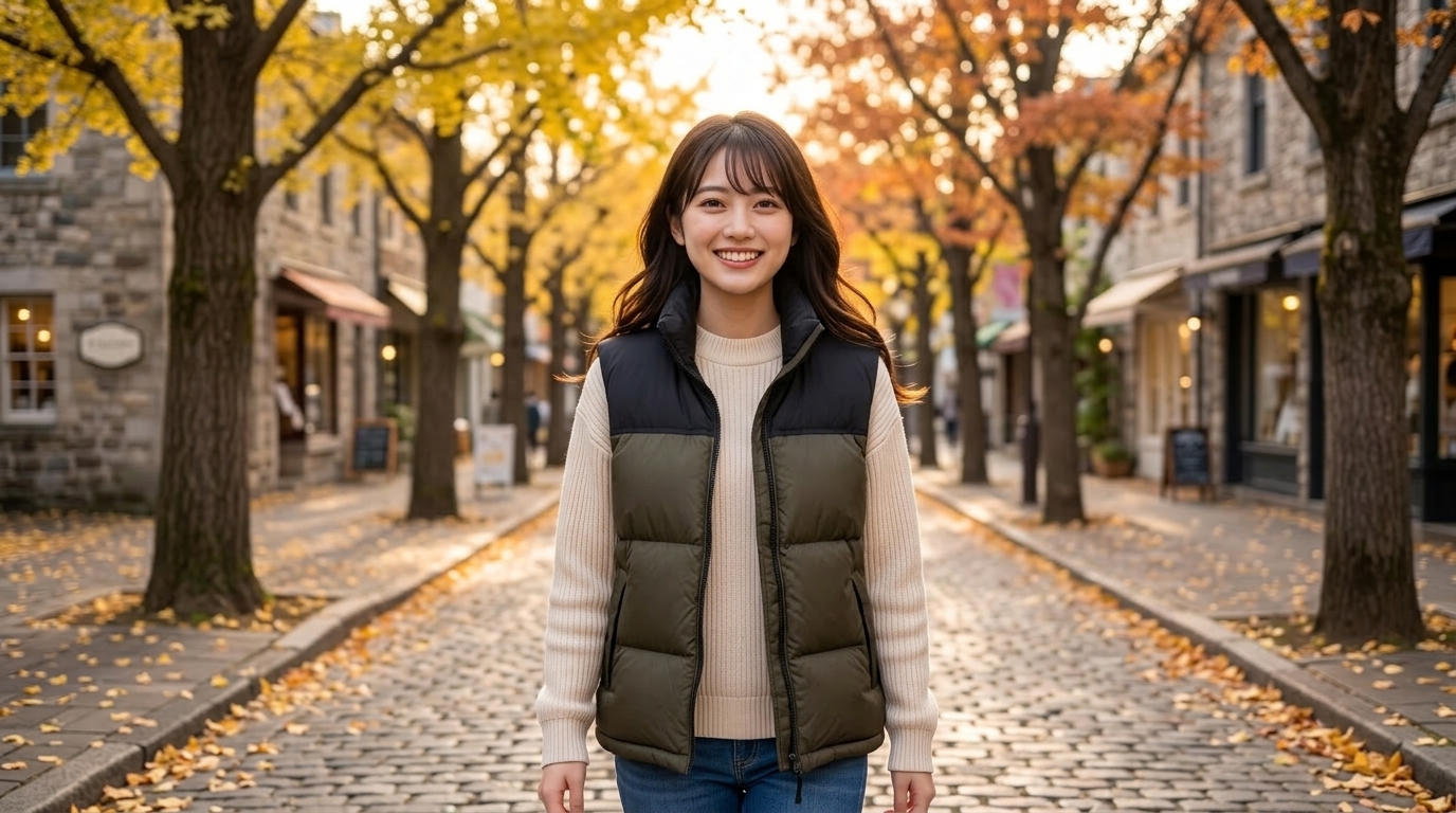 ヌプシベストを着て、秋の石畳や並木道のある街を楽しそうに歩いている