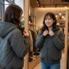初雪が降り始めた晩秋に、おしゃれなアパレルショップの店内で、ヤッキンジャケットを羽織って楽しそうに鏡を見ている
