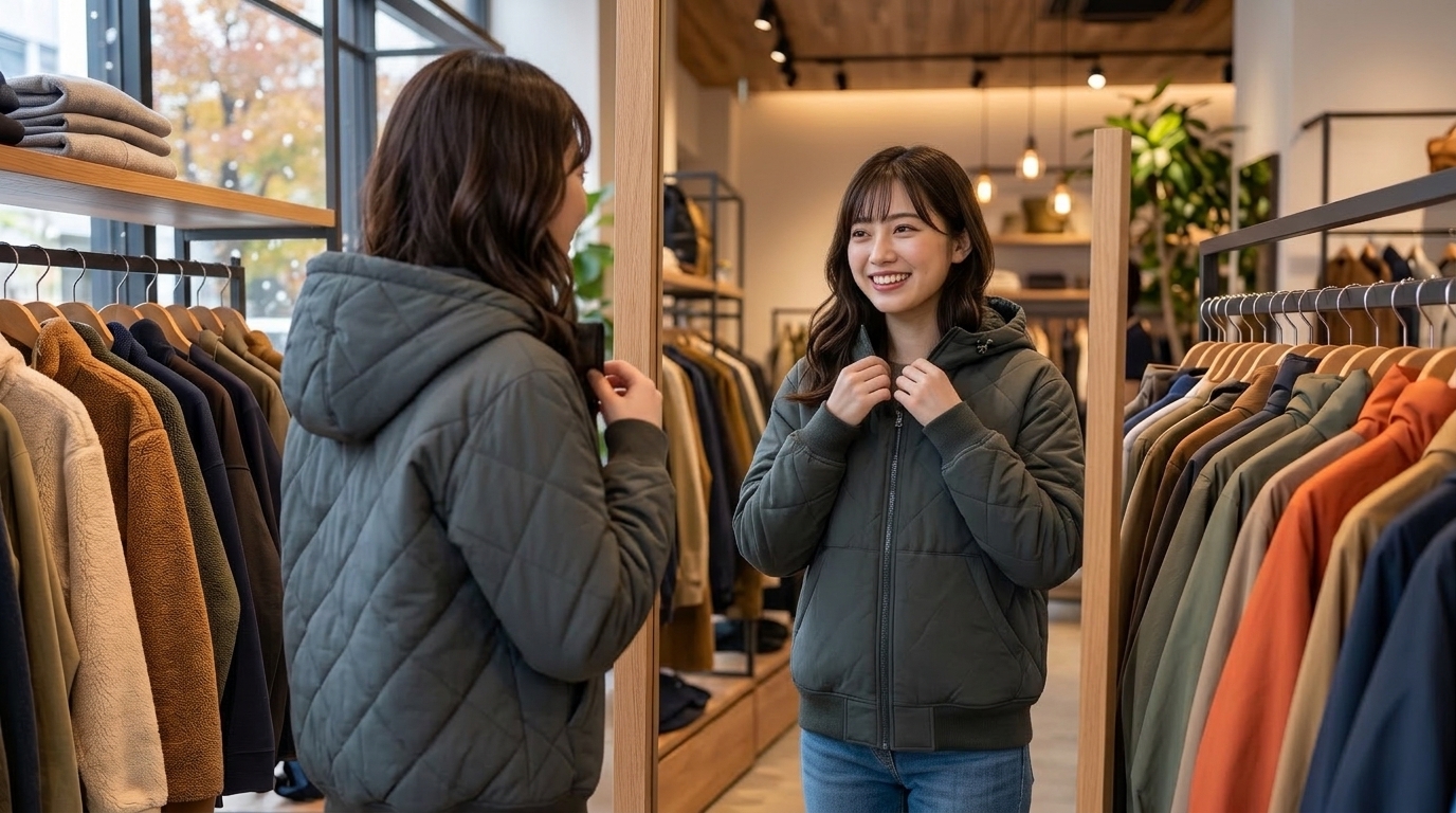 初雪が降り始めた晩秋に、おしゃれなアパレルショップの店内で、ヤッキンジャケットを羽織って楽しそうに鏡を見ている