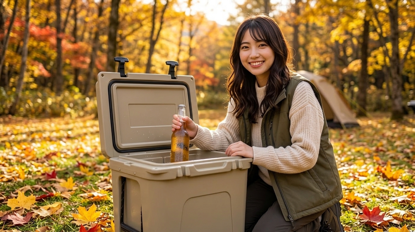 秋のキャンプ場で、YETI ローディ24から飲み物を取り出している