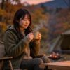 秋の夕暮れのキャンプ場で、ランタンを灯して温かいスープを飲みながらくつろいでいる