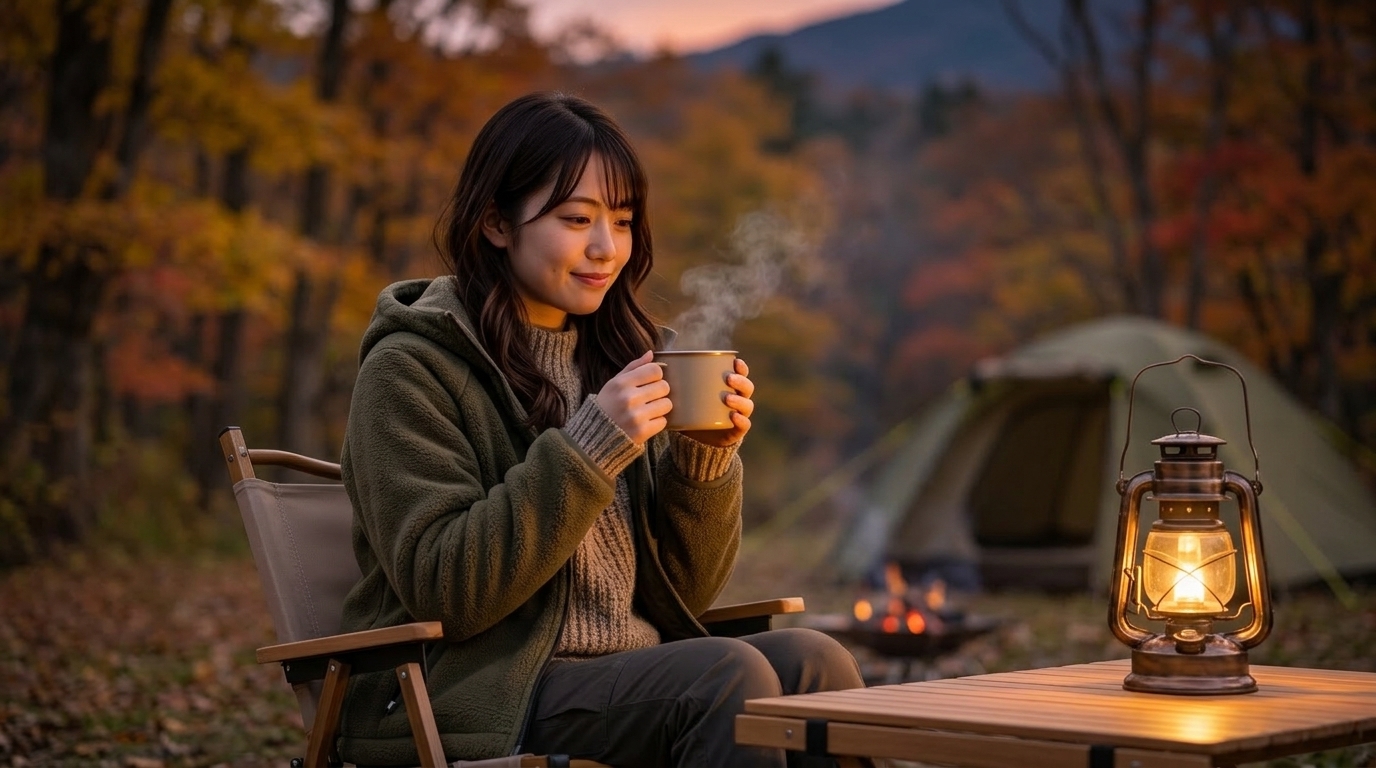 秋の夕暮れのキャンプ場で、ランタンを灯して温かいスープを飲みながらくつろいでいる