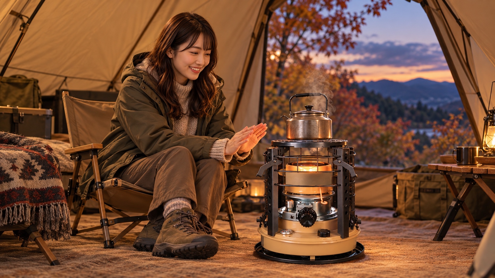 秋の夕方、大きなテントの中で、トヨトミ K3-GM1の上でお湯を沸かしながら温まっている