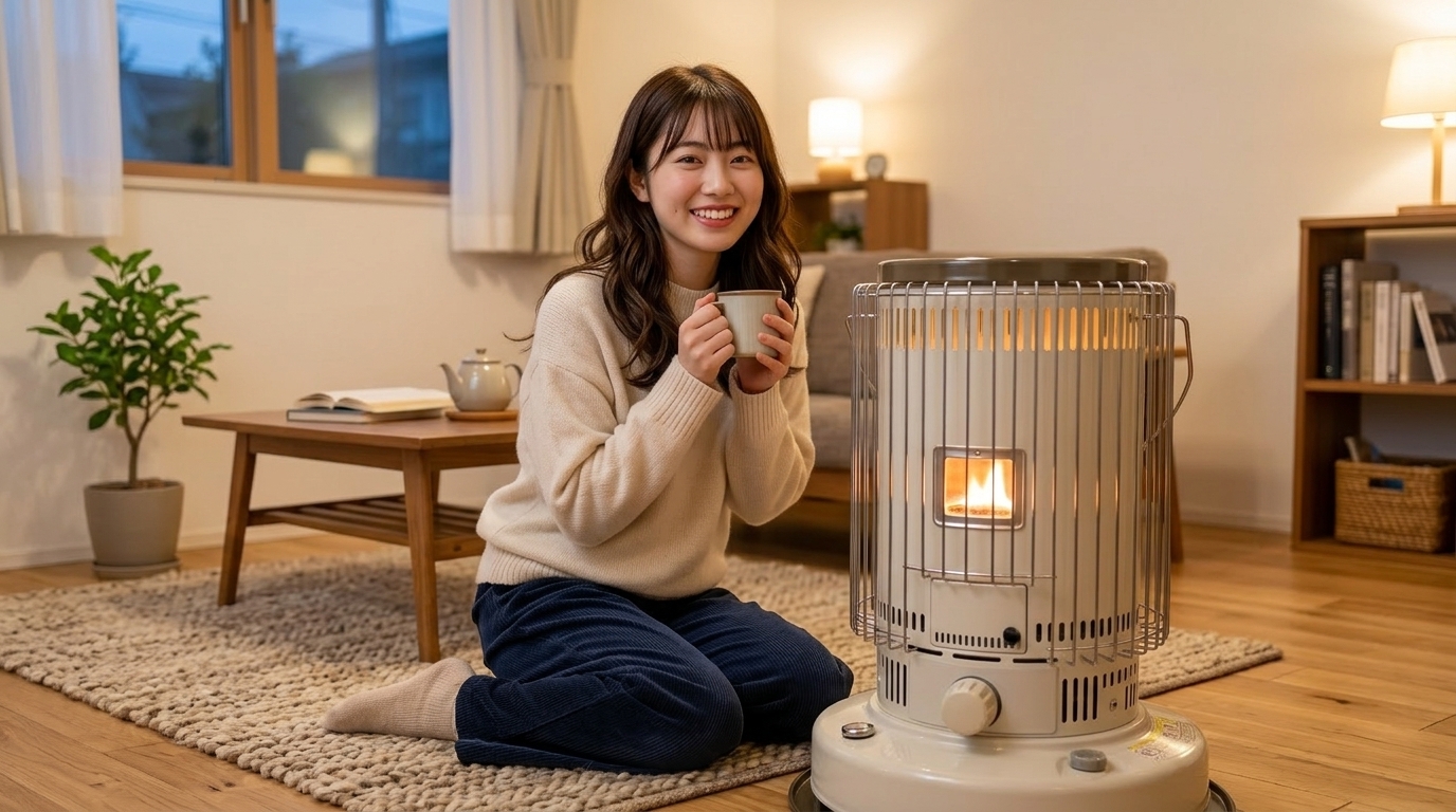 肌寒い秋の夜、木の家具が置かれた明るいリビングで、トヨトミのKS-67Hにあたりながらくつろいでいる