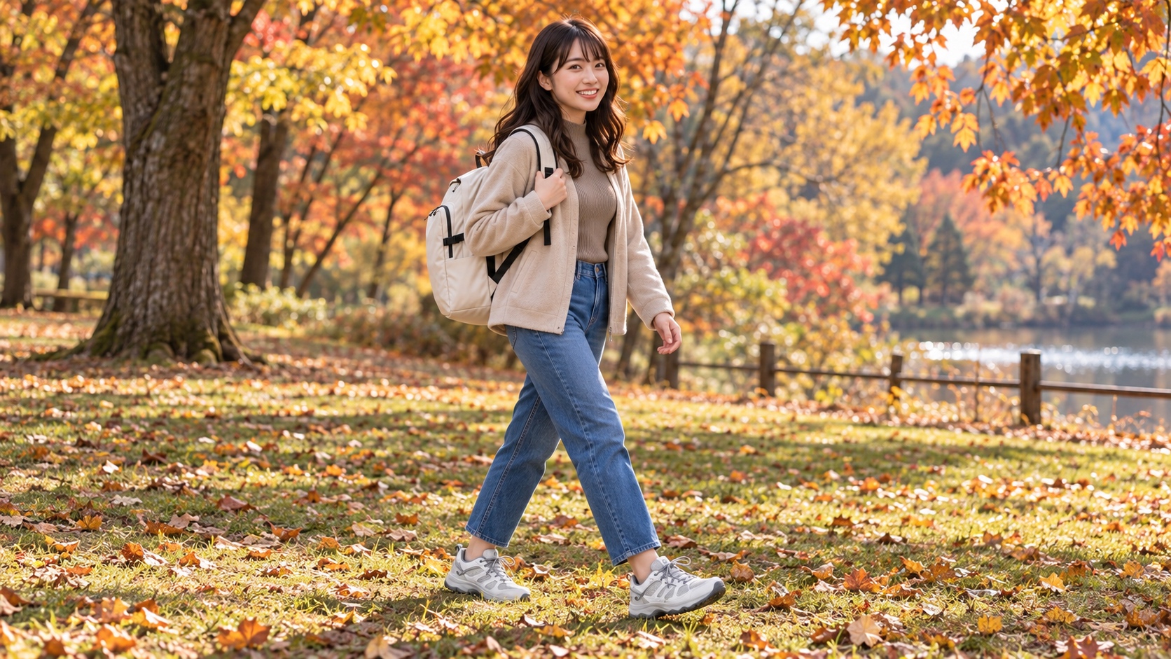 トレッキングシューズを履いて、秋の公園の芝生を楽しそうに歩いている